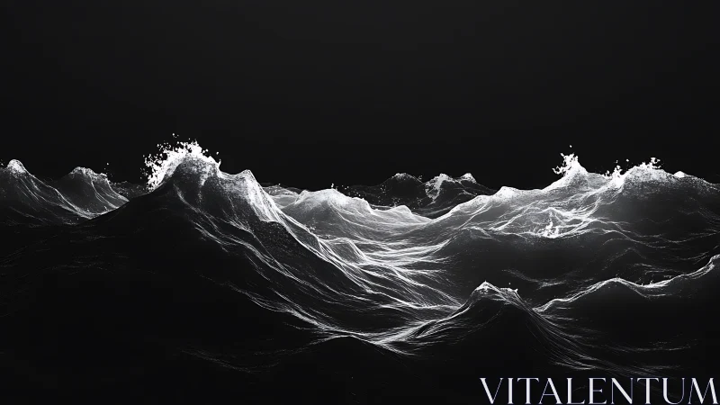 Luminescent waves surging through a void-black seascape.