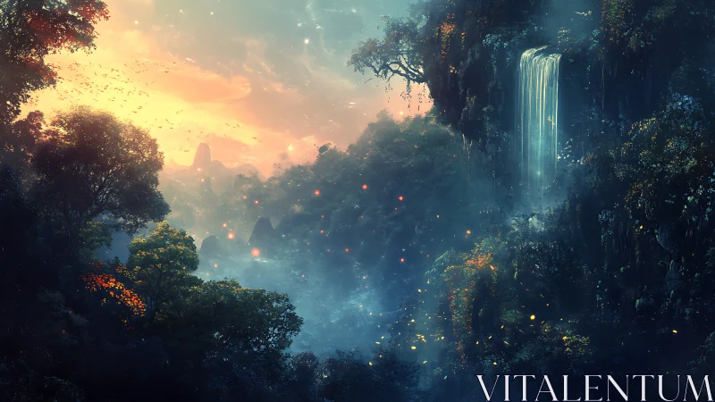Enchanted Forest Canyon with Glowing Waterfall.