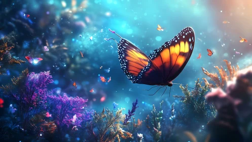 Monarch dreamdrift over neon corals in liquid twilight.