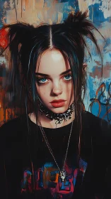 Digital painting portrait with punk styling and graffiti backdrop.