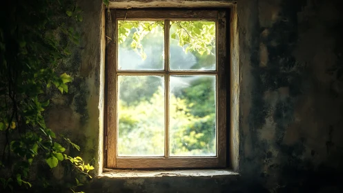 Sunlit rustic casement window framing verdant summer garden