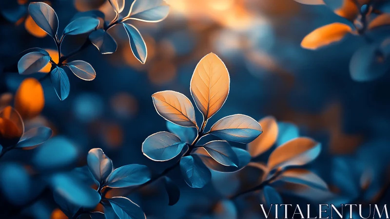 Vibrant close-up of leaves with dramatic blue-orange lighting.