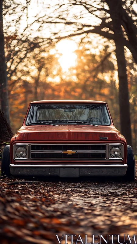 Photorealistic low-angle portrait of vintage Chevy truck front.