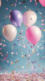 Floating balloons with falling confetti particles against blue background.