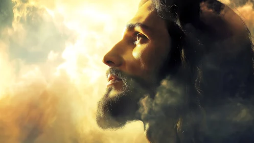 Bearded man’s illuminated profile emerges through dense clouds