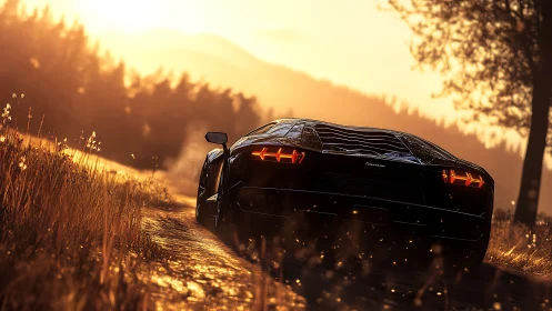 Midnight supercar tearing through sunset forest trail.