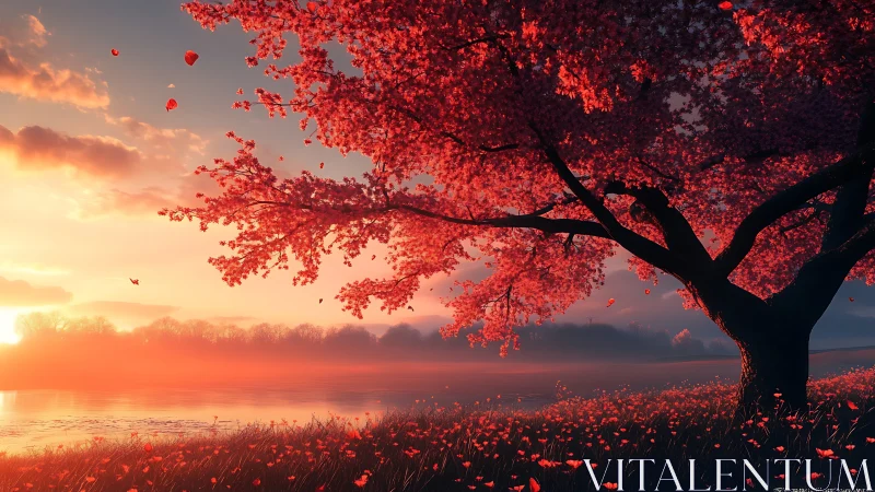 Sunset petals drifting beneath a glowing cherry tree.