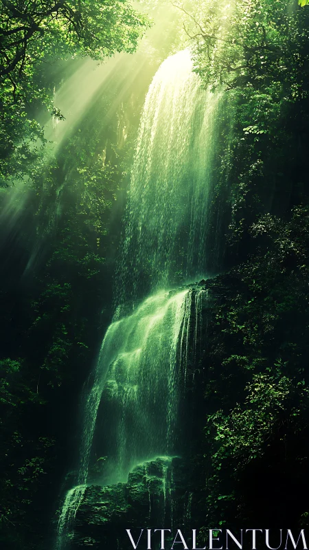 Sunlit forest waterfall descends over dark mossy cliff