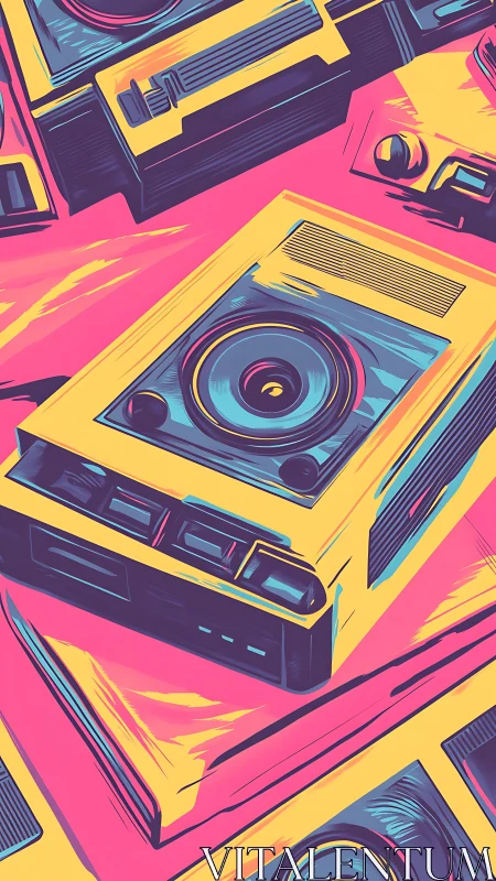 Neon retro cassette decks rendered in bold vector pop minimalism