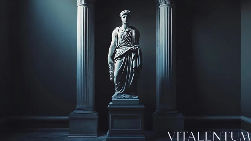 Marble neoclassical statue between fluted columns in cold raking light