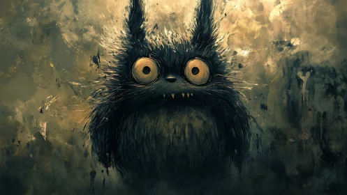 Wild-eyed furry creature glows in moody abstract dusk.