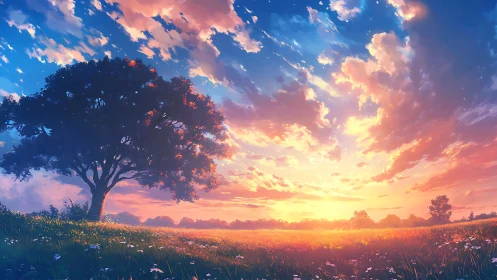 Radiant meadow sunset under solitary silhouetted tree.
