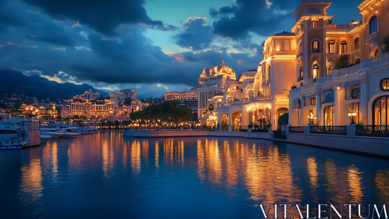Luxury waterfront palace hotel glows over calm evening marina