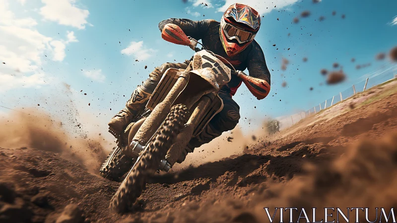 Motocross rider carves high-speed corner through flying dirt.
