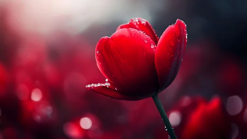 Dewdrop-Kissed Red Tulip in Soft Bloom.