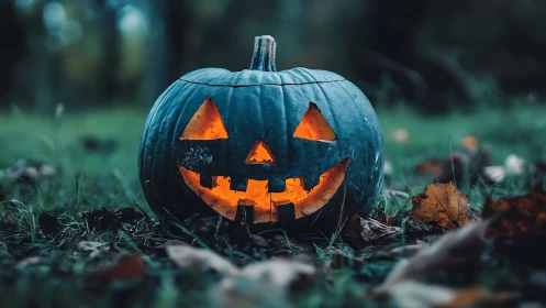 Carved jack-o’-lantern glows on grass in dim outdoor light