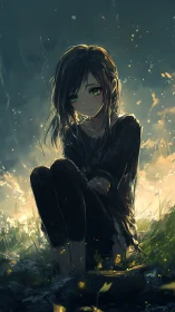 Backlit girl in wet grass rendered with luminous rim lighting