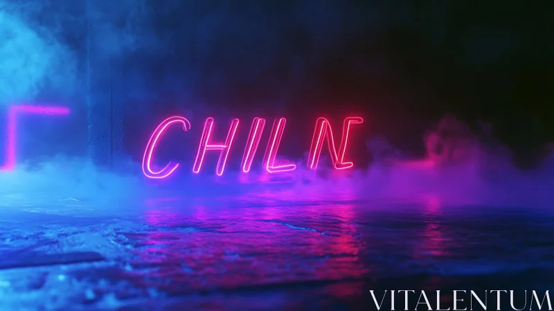 Neon CHILN lettering is displayed in a foggy, wet scene