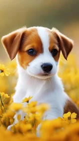 Puppy gazes softly amid golden spring meadow blooms