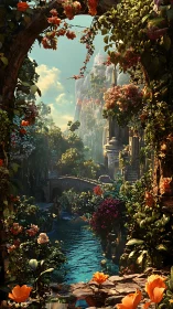 Verdant river gorge framing luminous cliffside citadel.