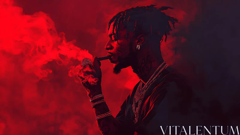 Stylized rapper exhales crimson smoke in moody red haze