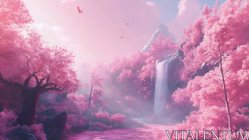 Pink tonal landscape with waterfall, trees and mountains.