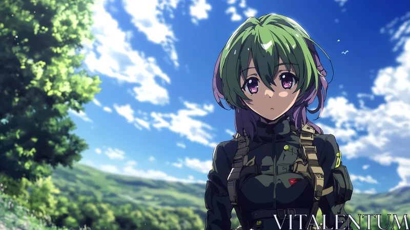 Green haired anime soldier in tactical gear outdoors.