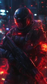 Armored cyber soldier holds rifle in neon ember storm.