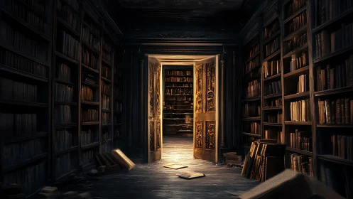 Dimly lit corridor library with open ornate doorway.