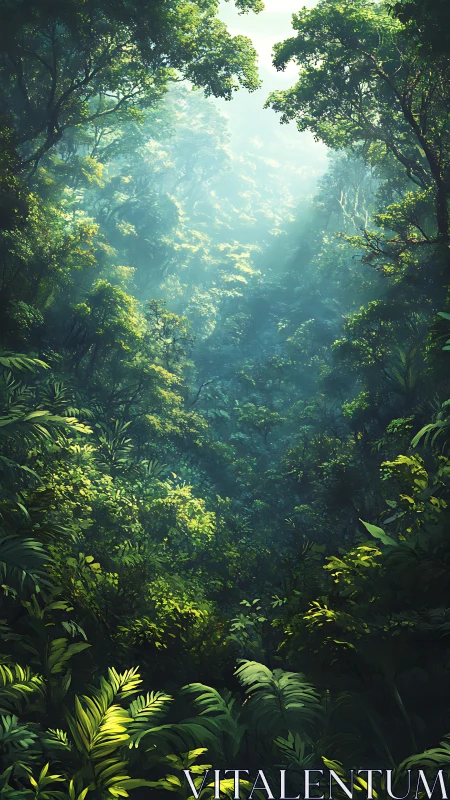 Luminous rainforest canopy filtered through verdant depths.