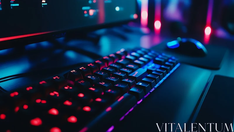 Neon-lit gaming keyboard glowing in a cozy night setup.
