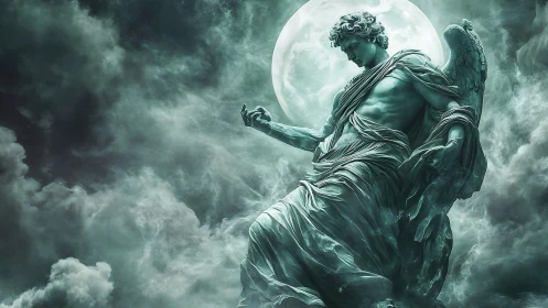 Moonlit marble angel descends through stormlit clouds.