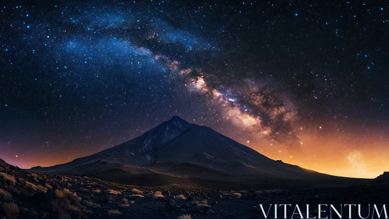 Isolated mountain under dense Milky Way band at night sky.