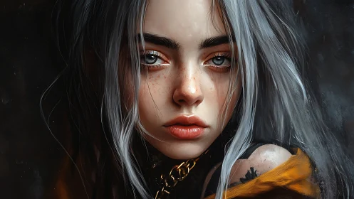 Storm-eyed young woman in hyperreal fantasy portrait.
