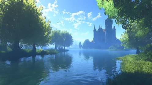 Medieval lakeside castle under bright blue summer sky.