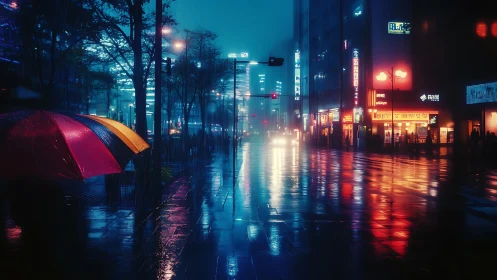Rain-soaked neon city intersection with umbrella in foreground