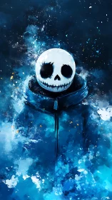 Skull-headed figure in blue abstract digital mist.