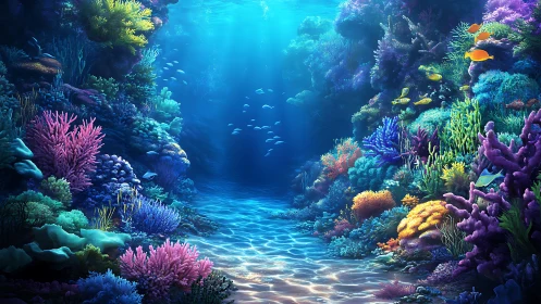 Radiant coral canyon teems with tropical marine life below.