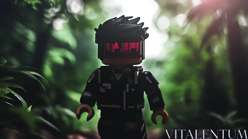 Lego-scale cyber scout with neon visor in shallow forest bokeh.