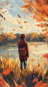 Solitary girl beside autumn lake under swirling leaves.