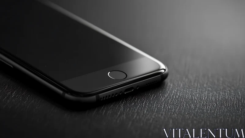 Sleek black smartphone rests on textured surface in professional product shot.