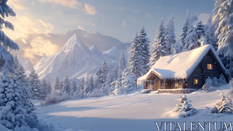 Snow covered log cabin in conifer forest with mountains.