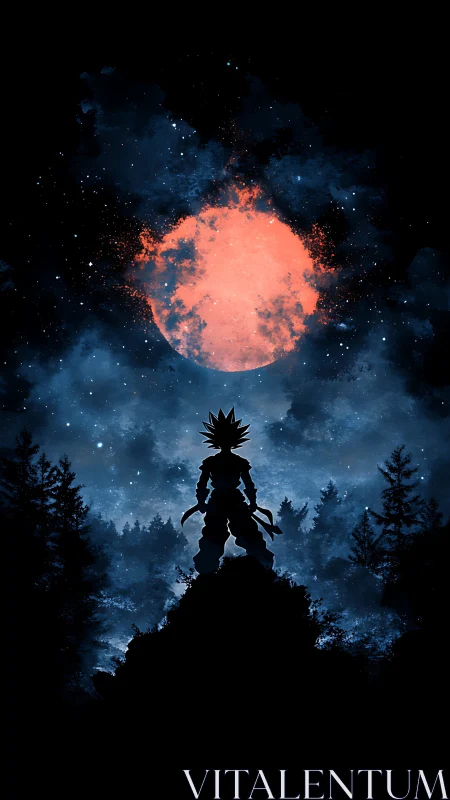 Spiky haired warrior silhouette under red moon sky.