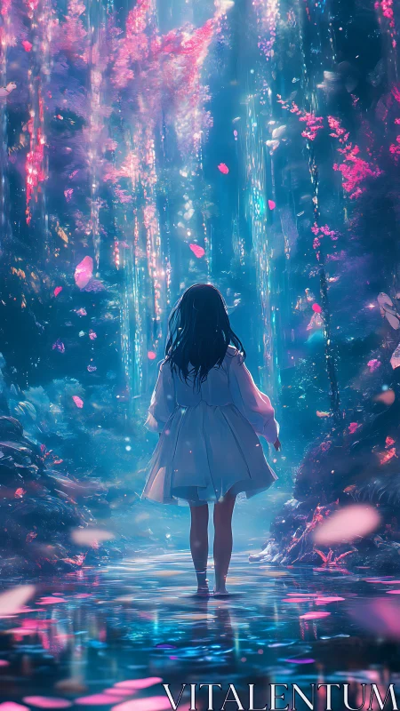 Girl walks luminous forest stream under cascading light
