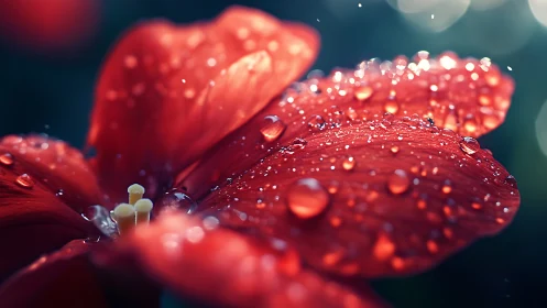 Red petals glistening with dewdrops under soft bokeh lighting.
