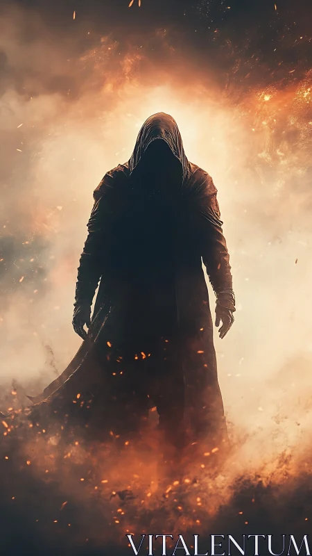 Hooded figure in long coat amid dense smoke and sparks.