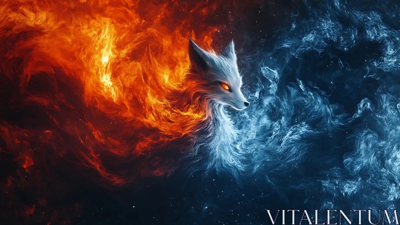 Elemental fox spirit emerges between flame and frost.