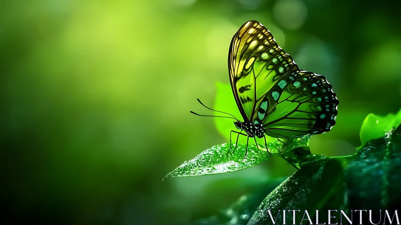 Green butterfly on leaf in bright natural forest light.