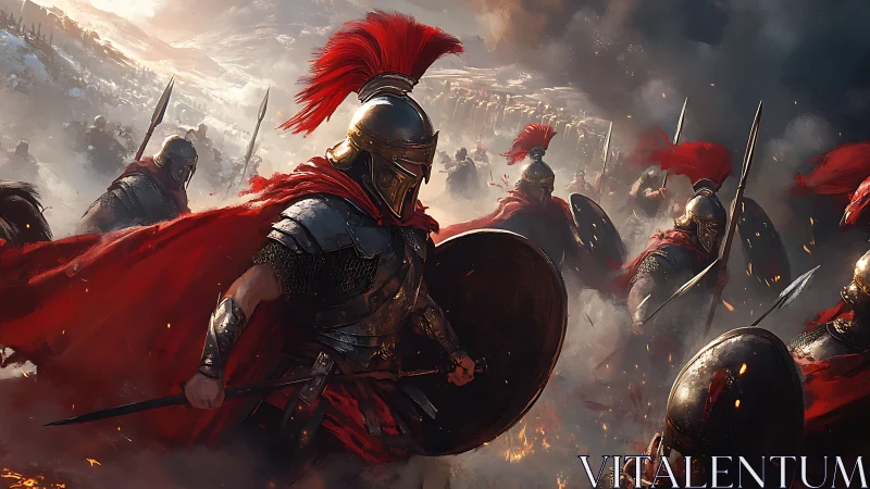 Fierce red-caped warriors surge forward through smoky battle