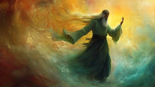 Mystic sage strides through swirling celestial stormlight.